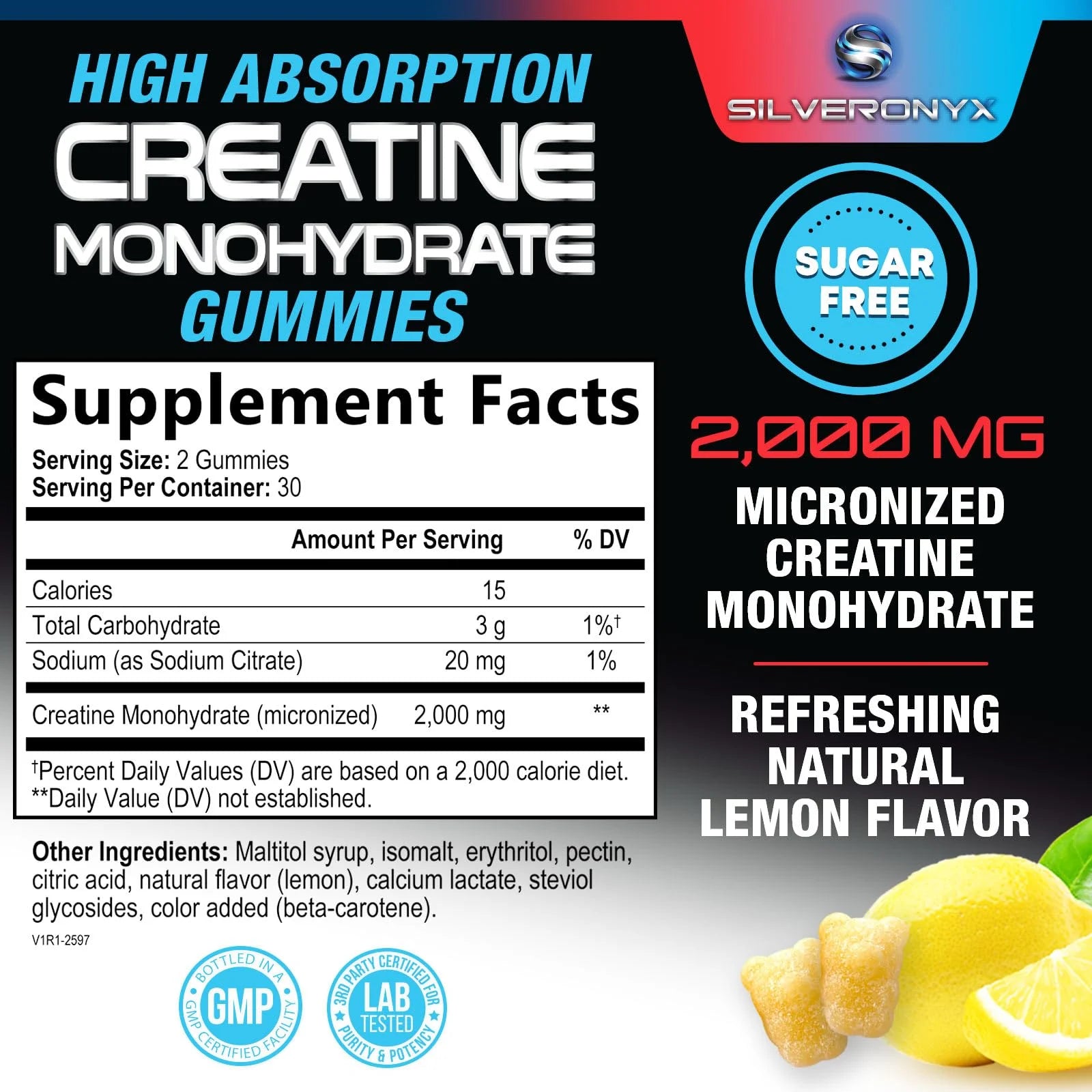 Creatine Monohydrate Gummies 2000Mg - Best Micronized, Sugar Free Creatine Chewables for Men & Women - Supports Lean Muscle, Strength, Energy, & Endurance - Non-Gmo, Gluten Free - 60 Lemon Gummies