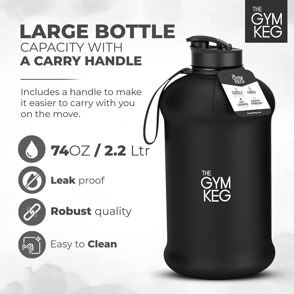 74Oz Half Gallon Water Bottle with Carry Handle, Leakproof, Eco-Friendly, Tritan BPA Free Plastic (Stealth Black)