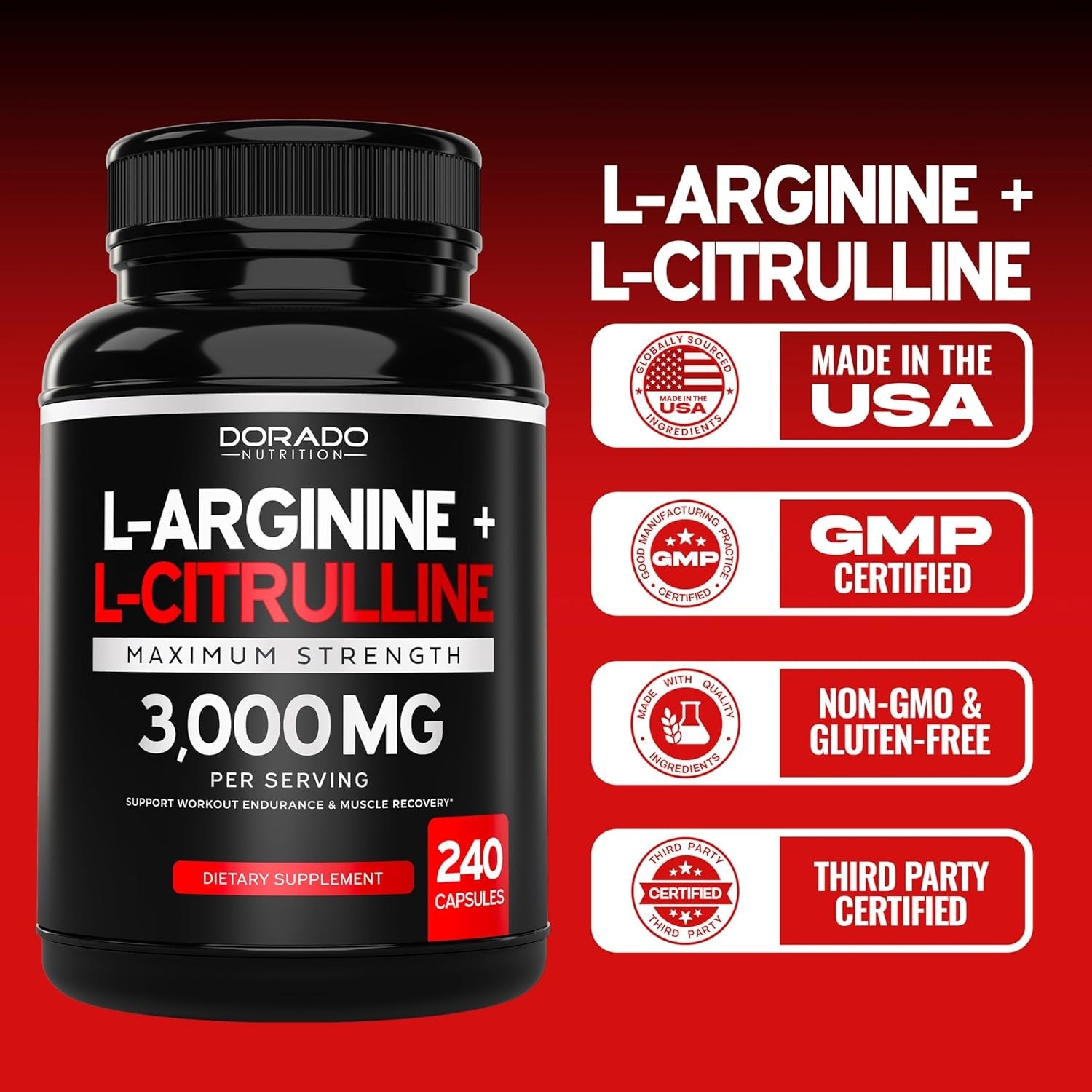 L-Arginine 1000Mg L-Citrulline 2000Mg 240Caps Amino Acid Non Gmo/Gluten Free