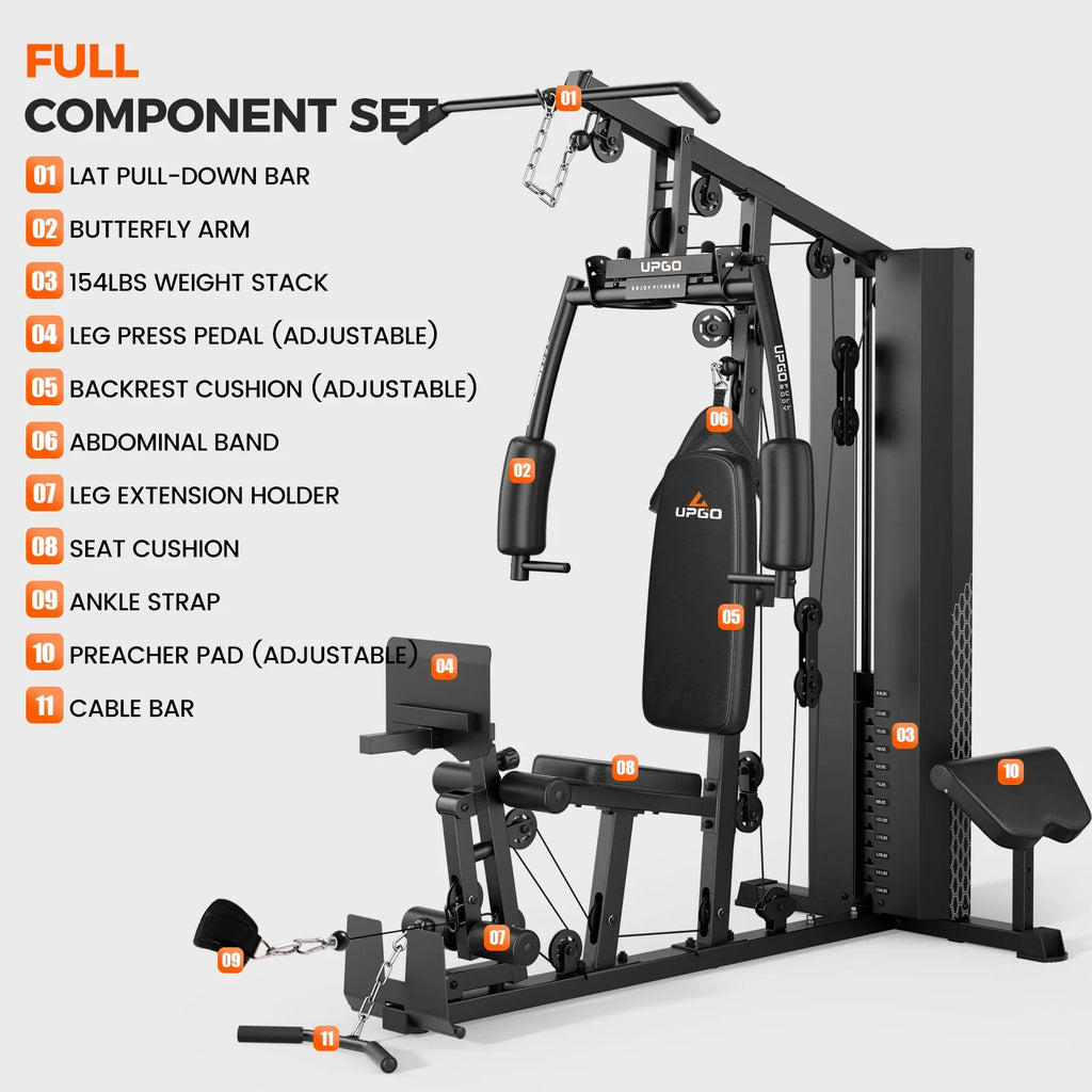 Home Gym Station, Workout Equipment with 154LBS Weight Stack, Leg Press and Preacher Curl Pad