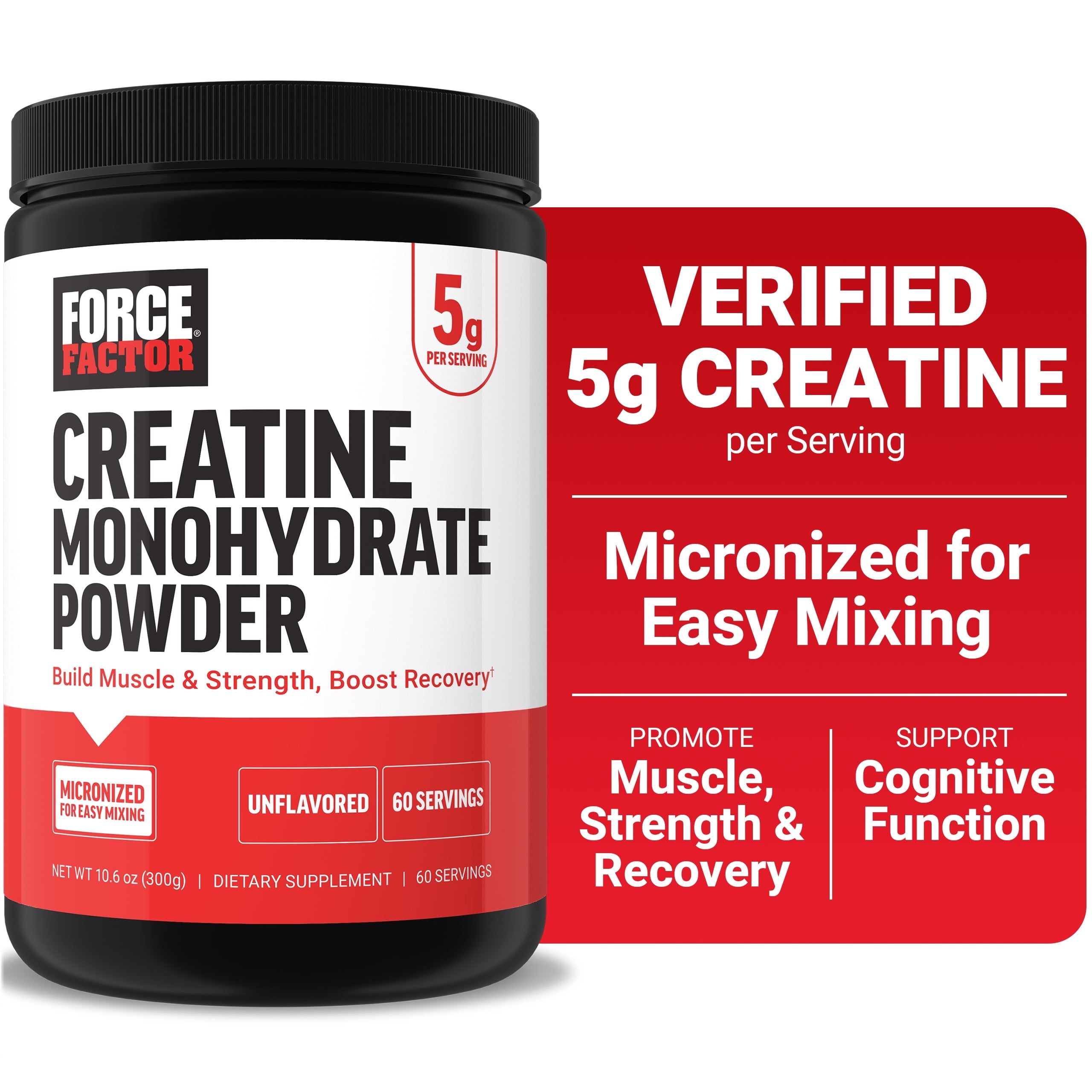 Creatine Monohydrate, Creatine Powder for Muscle Gain, More Strength, and Faster Workout Recovery, Clinically Studied Micronized Creatine 5G Dose per Serving, Unflavored, 60 Servings by