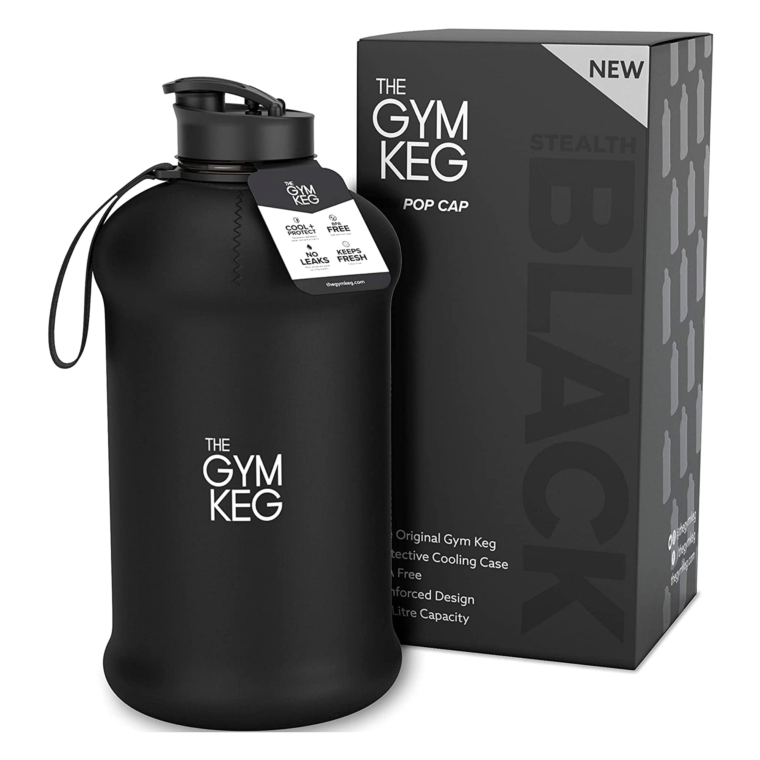 74Oz Half Gallon Water Bottle with Carry Handle, Leakproof, Eco-Friendly, Tritan BPA Free Plastic (Stealth Black)