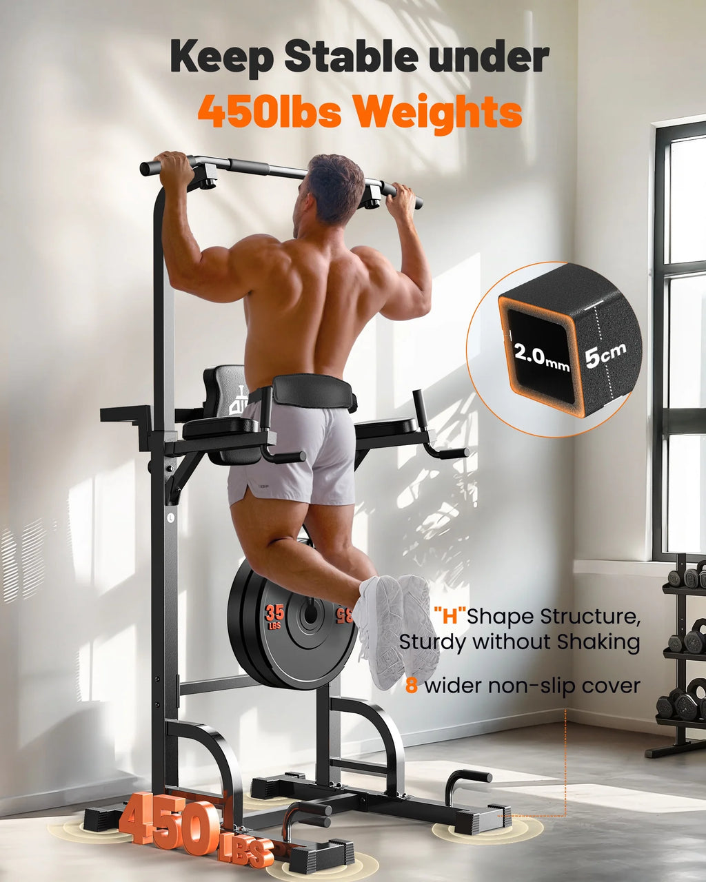 Adjustable Power Tower 400Lbs Max Weight Dip Station Pull up Bar Power Rack Push up Resistance Band for Home Gym