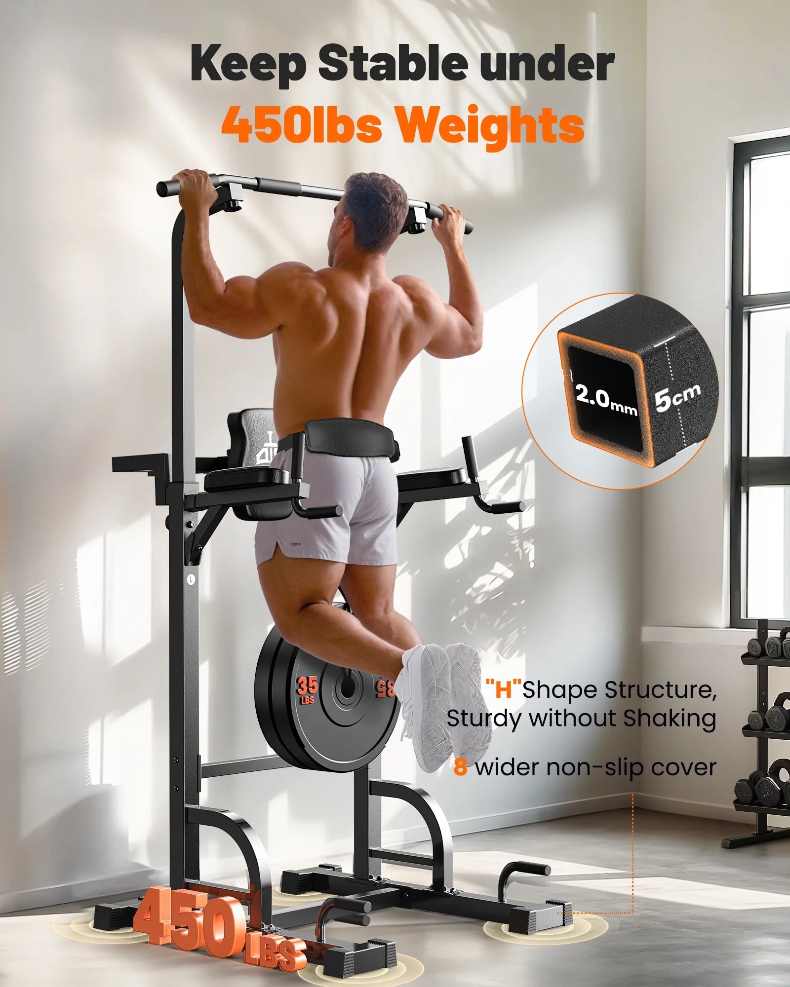 Adjustable Power Tower 400Lbs Max Weight Dip Station Pull up Bar Power Rack Push up Resistance Band for Home Gym