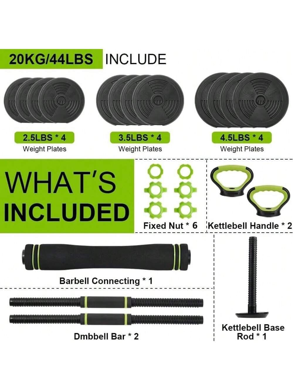 4 in 1 Adjustable Dumbbell Set, 44/66/88 LBS Free Weight Set Used as Dumbbell, Barbell, Kettlebell and Push-Up, Home Gym Fitness Workout Equipment for Men and Women, Black