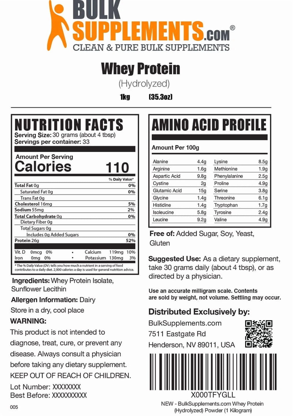 Hydrolyzed Whey Protein Isolate Powder - Whey Protein Supplement, with Bcaas - Unflavored, 30G per Serving, 5Kg (11 Lbs)