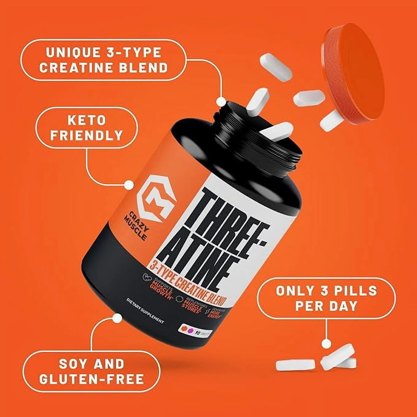 Creatine Monohydrate Pills, Premium 3 Type 5G Creatine Pills, Pre/Postworkout & Keto Energy Builder, Easy to Take Three-Atine for Optimum Performance Men Women, 90 Tablets