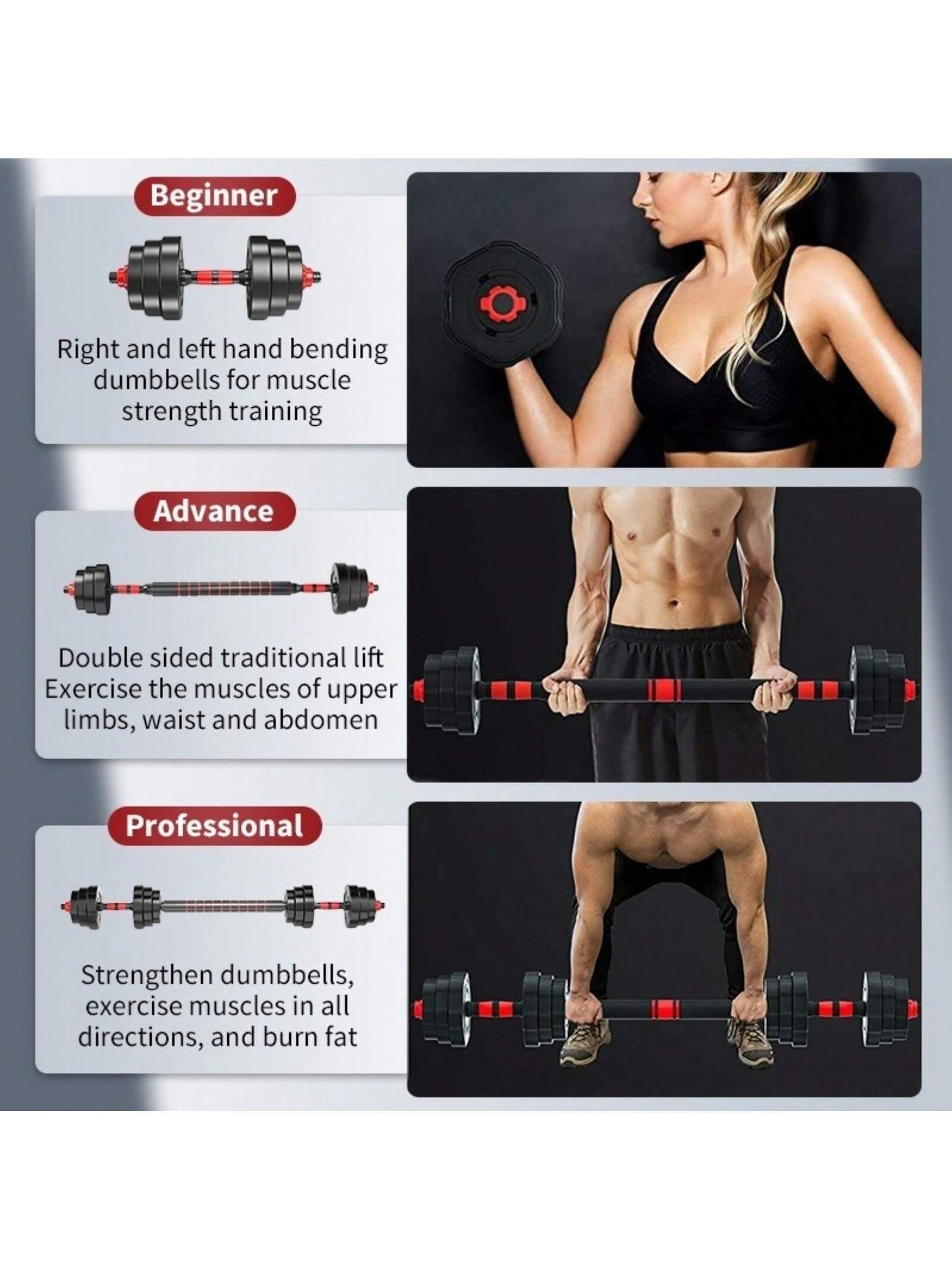 Adjustable Dumbbell Set, Men and Women Free Weight Set Fitness Home Equipment, Barbell with Thick Connecting Bumper Plate Combo for Strength Gym Training