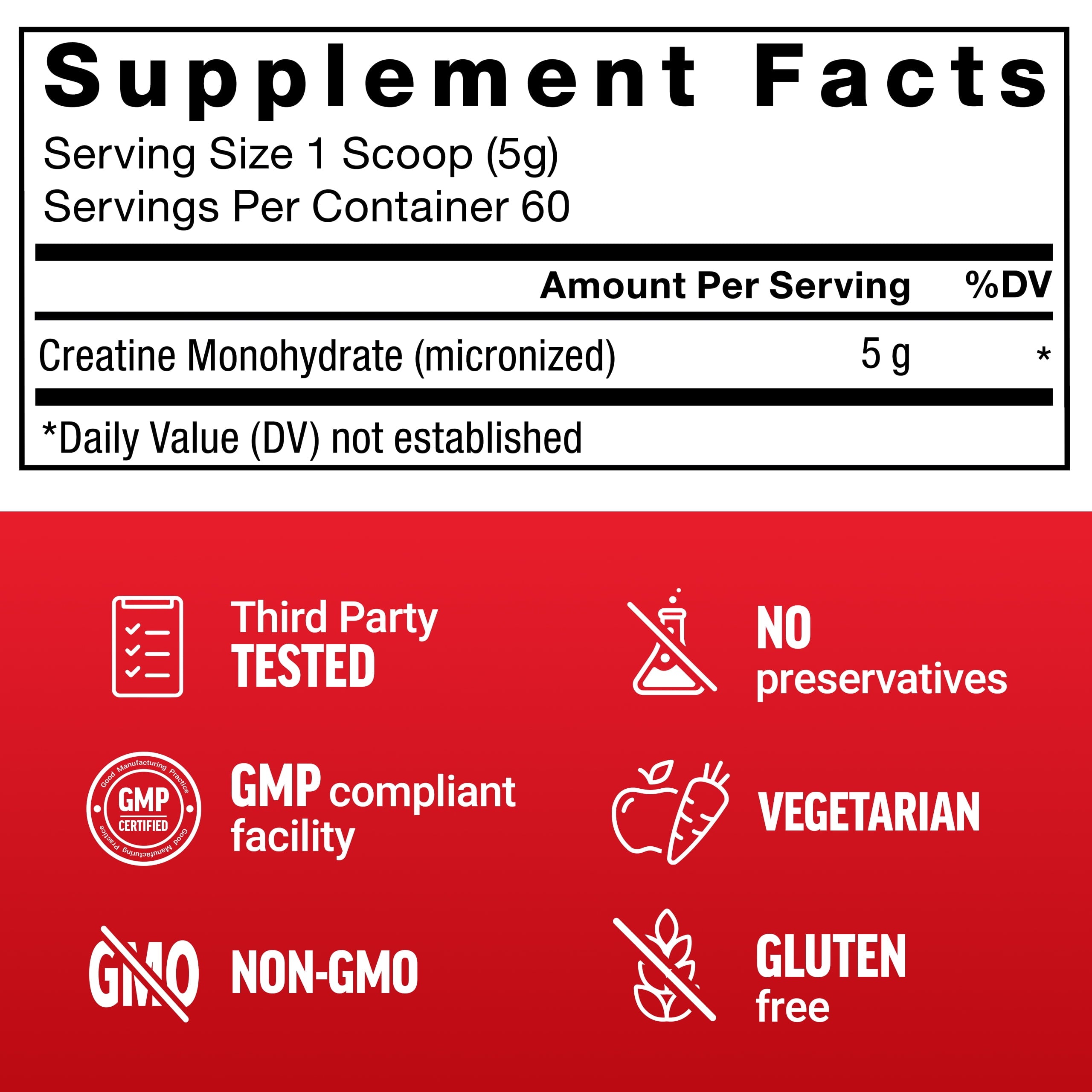 Creatine Monohydrate, Creatine Powder for Muscle Gain, More Strength, and Faster Workout Recovery, Clinically Studied Micronized Creatine 5G Dose per Serving, Unflavored, 60 Servings by