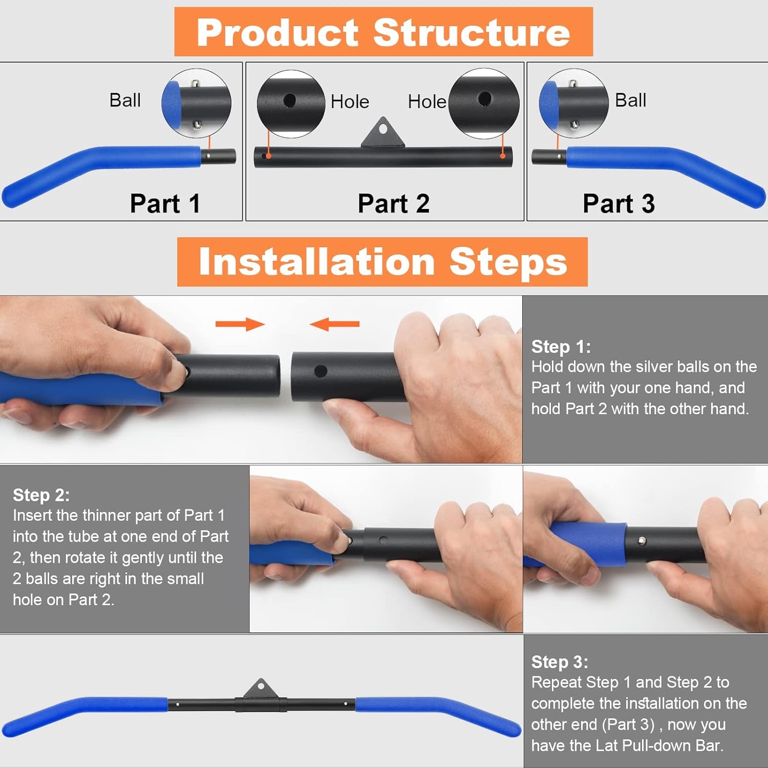 39.37" LAT Pulldown Bar Attachment with Rubber Handle for Cable Machine Tricep C